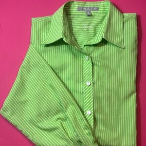FoxCroft Wrinkle Free Shaped Fit Button Down Shirt Green/White Stripes Sz 10